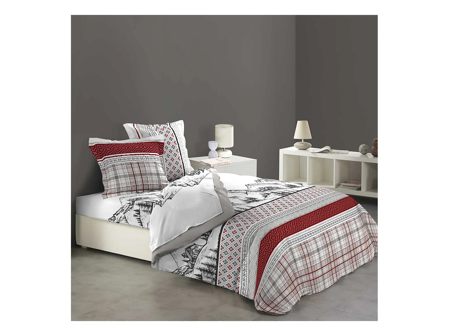 Parure de Drap + 2 taies d'oreiller Flanelle Montagnes et Chalets