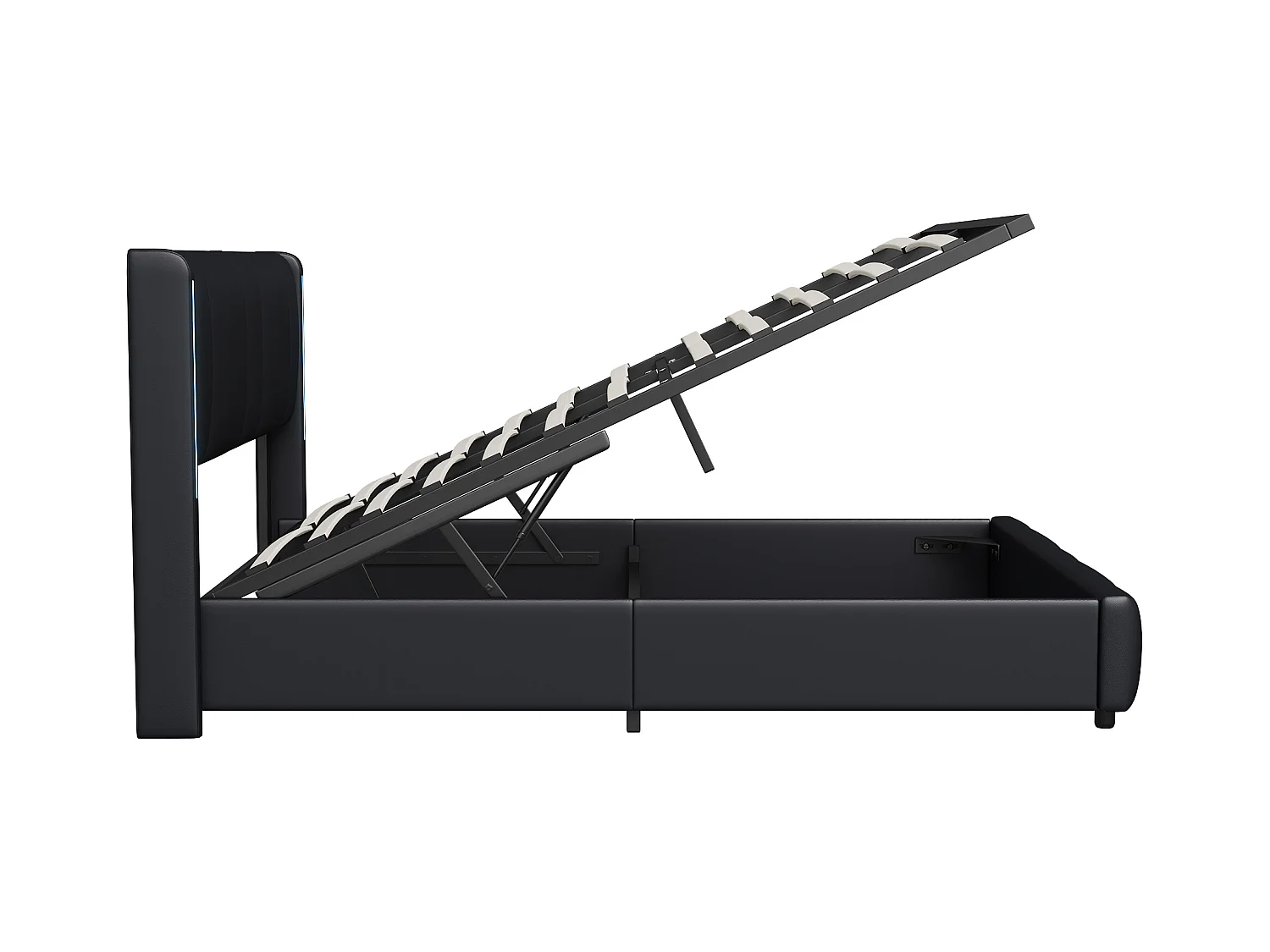 Polsterbett 160 x 200 cm, mit LED und USB Typ C, Doppelbett mit Lattenrost, PU, Schwarz