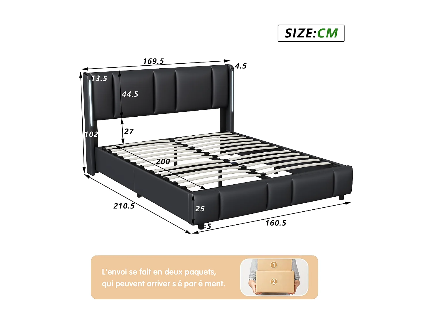 Lit capitonné 160 x 200 cm, avec LED et USB de type C, lit double avec sommier à lattes, PU, Noir