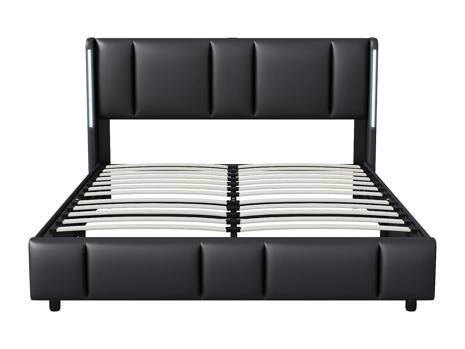 Lit capitonné 160 x 200 cm, avec LED et USB de type C, lit double avec sommier à lattes, PU, Noir