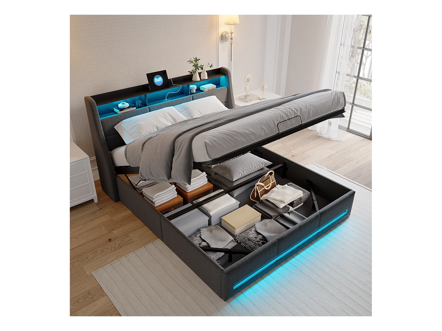 Lit 140x190 avec Sommier LED et USB, Lit Coffre avec Rangement et Tete de Lit, Gris