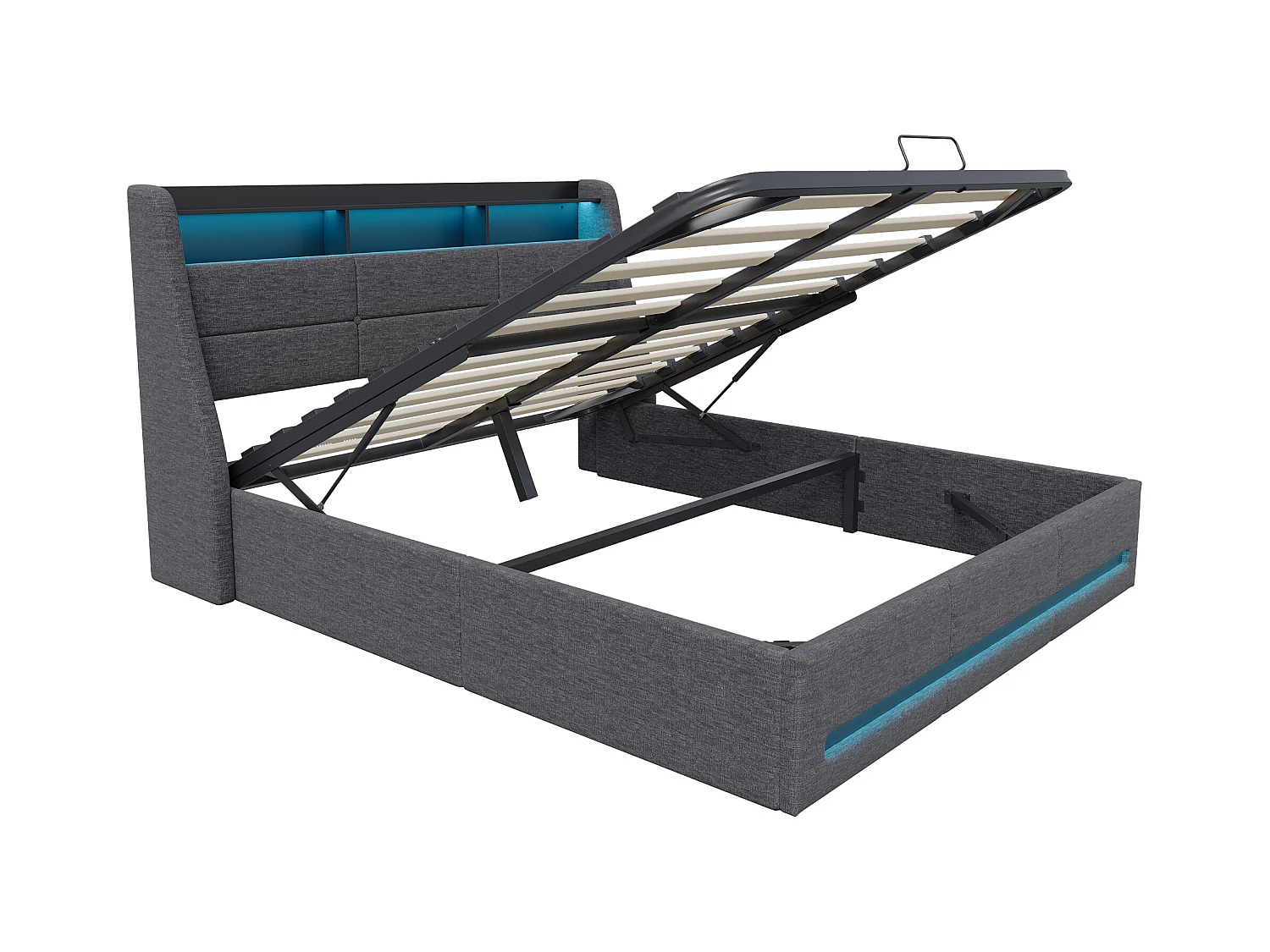 Lit 140x190 avec Sommier LED et USB, Lit Coffre avec Rangement et Tete de Lit, Gris