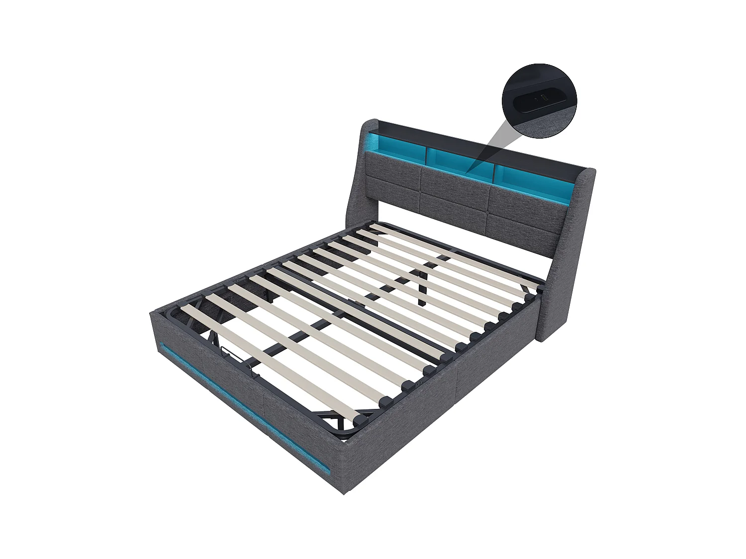 140x190 Bett mit LED und USB-Basis, Stauraumbett mit Kopfteil, Grau
