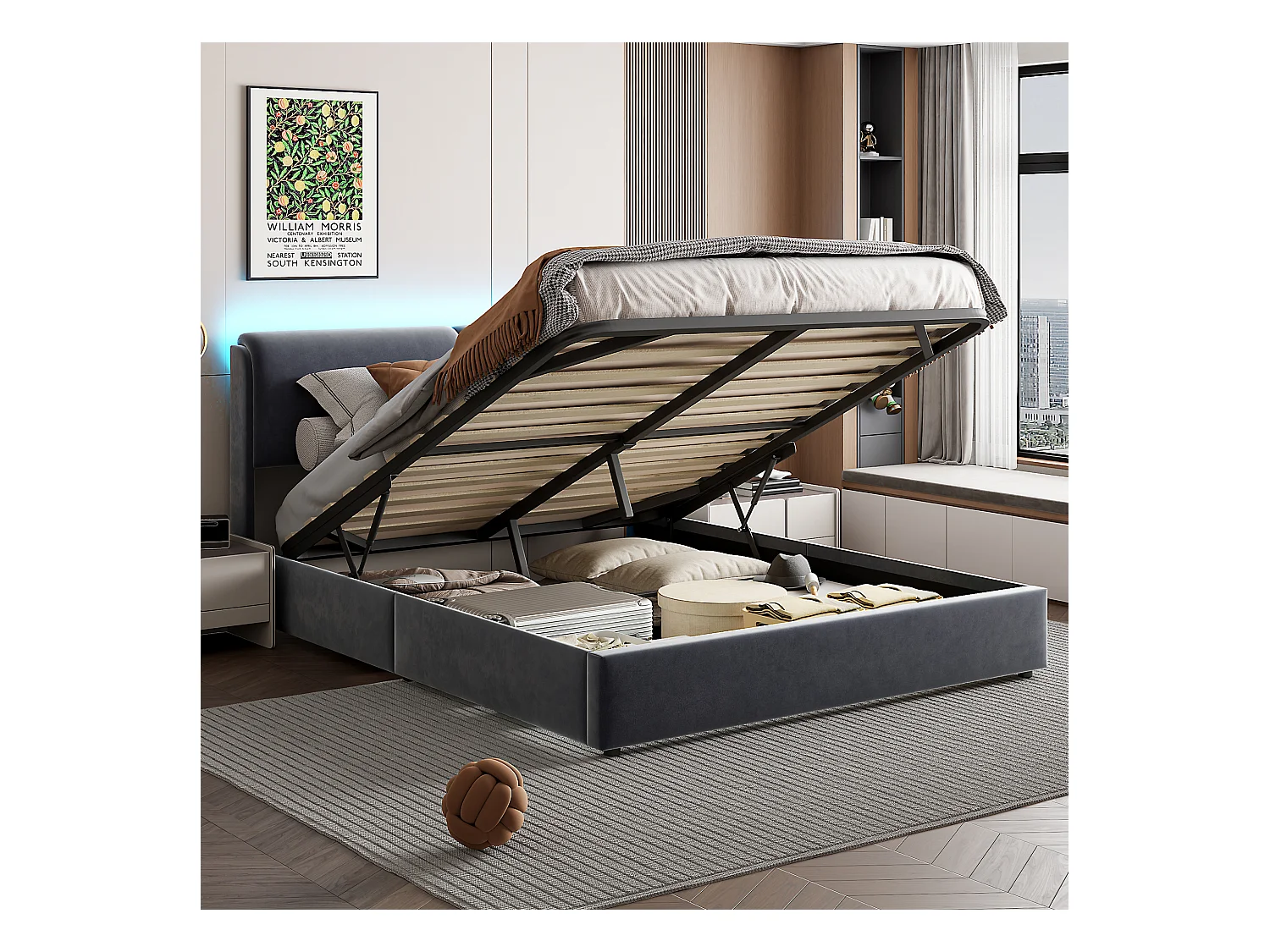 Lit Coffre 160x200cm, lit double en velours avec coffre de lit, LED, gris