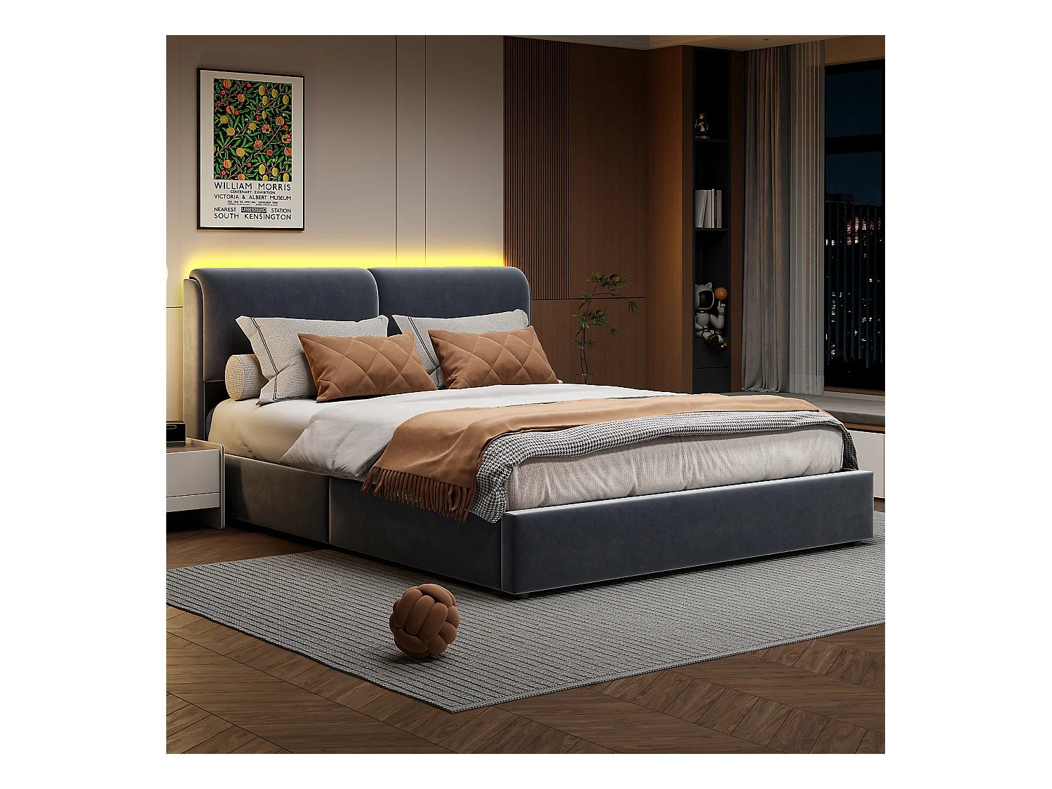 Stauraumbett 160x200cm, Doppelbett aus Samt mit Stauraumbox, LED, grau