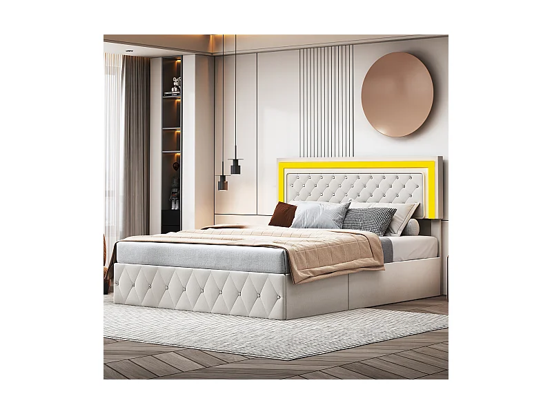Lit coffre 160x200 cm en velours - avec LED et sommier à lattes - Lit double de rangement - Beige