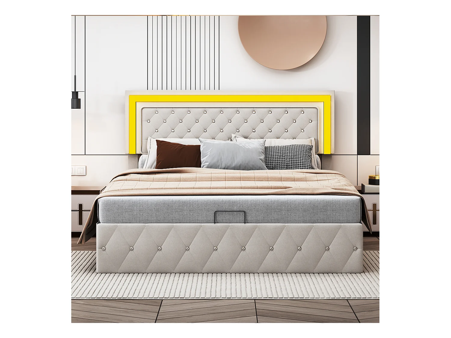 Lit coffre 160x200 cm en velours - avec LED et sommier à lattes - Lit double de rangement - Beige