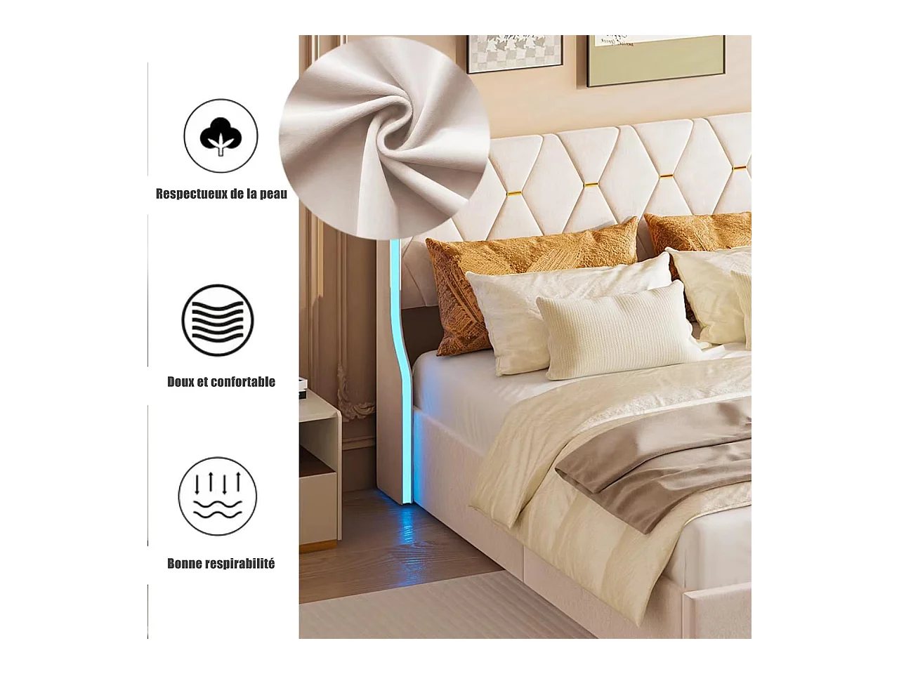 Lit 140x190 cm avec Sommier et LED, Lit Coffre 140x190 sommier à Lattes, Velours, Beige