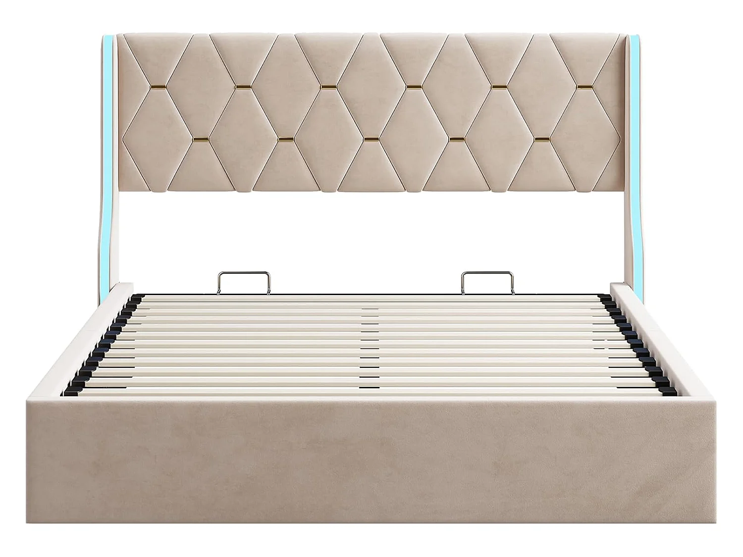 Lit 140x190 cm avec Sommier et LED, Lit Coffre 140x190 sommier à Lattes, Velours, Beige