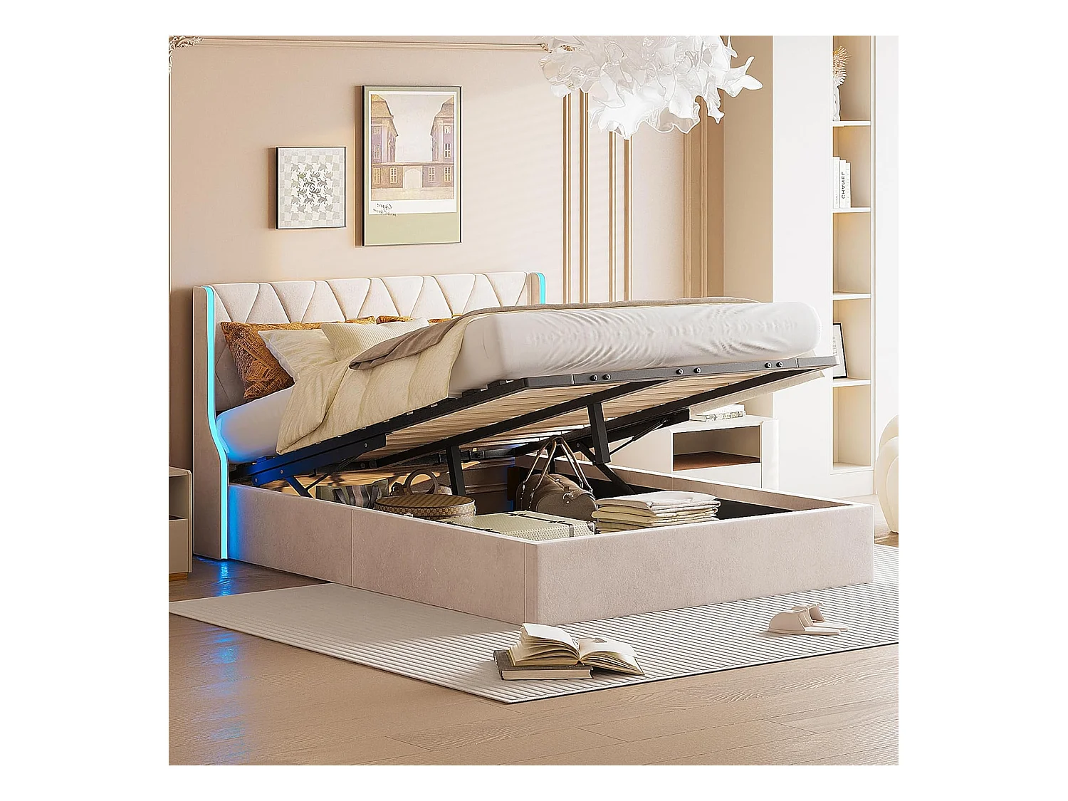 Lit 140x190 cm avec Sommier et LED, Lit Coffre 140x190 sommier à Lattes, Velours, Beige