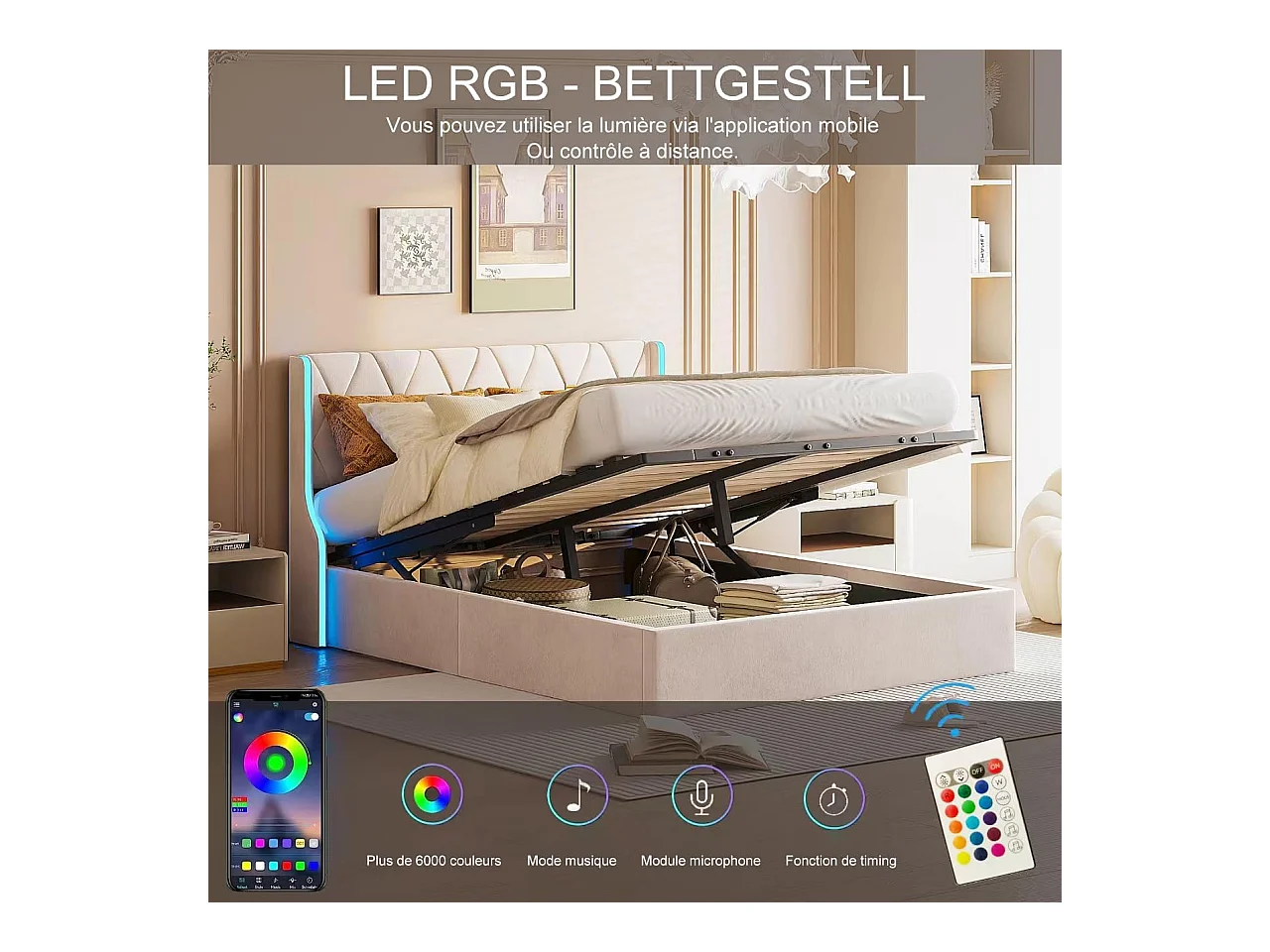 Lit 140x190 cm avec Sommier et LED, Lit Coffre 140x190 sommier à Lattes, Velours, Beige