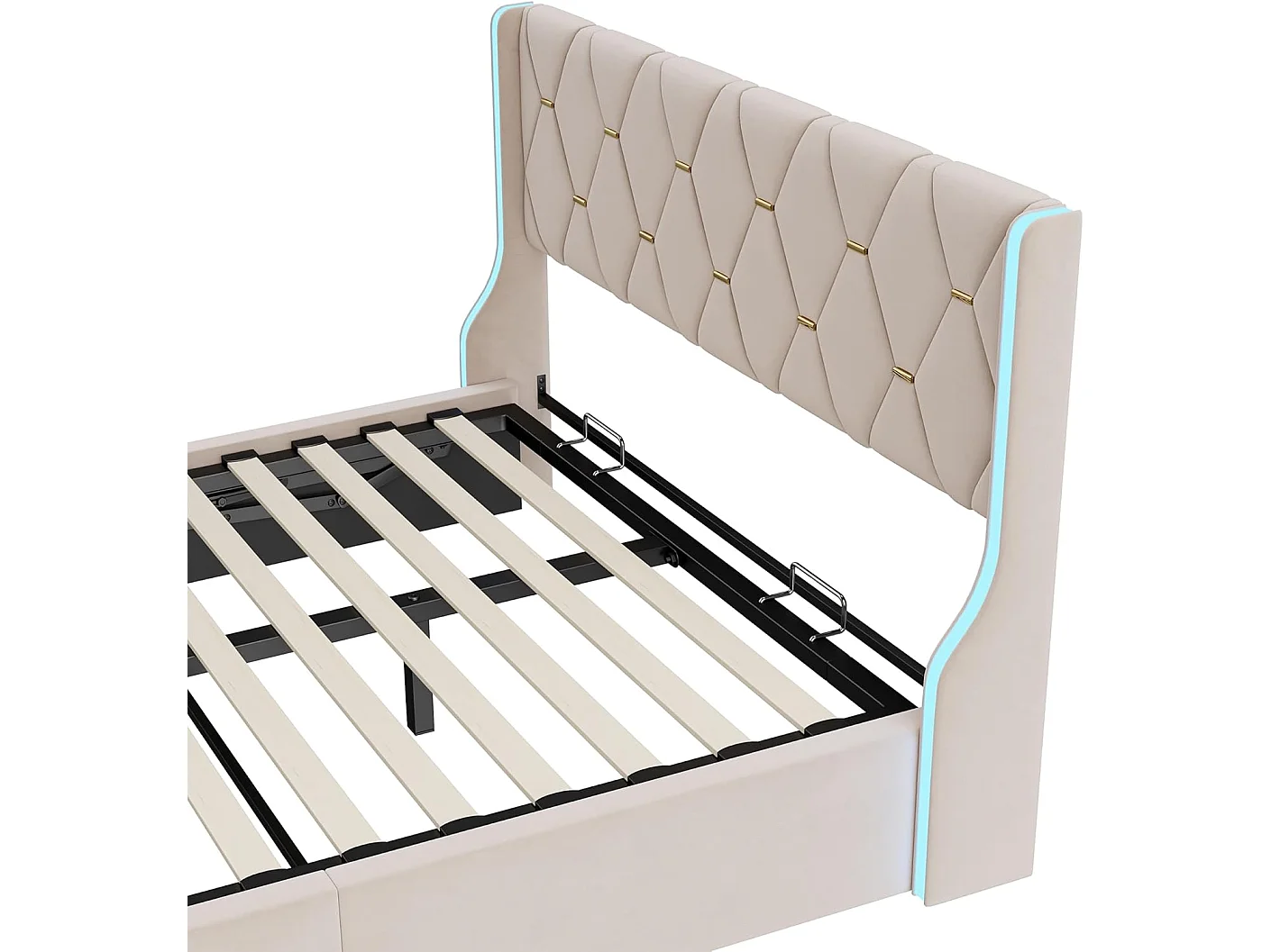 Lit 140x190 cm avec Sommier et LED, Lit Coffre 140x190 sommier à Lattes, Velours, Beige