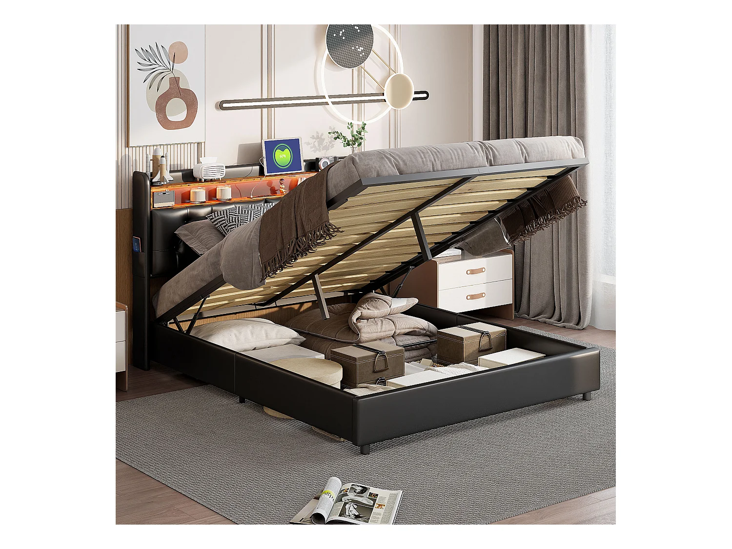 Gestoffeerd bed 160x200 met USB en stopcontacten, LED, hydraulisch opbergbed tweepersoonsbed, imitatieleer, zwart