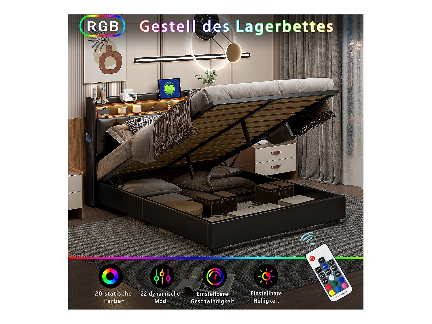 Polsterbett 160x200 mit USB und Steckdosen, LED, hydraulisches Stauraumbett Doppelbett, Kunstleder, schwarz