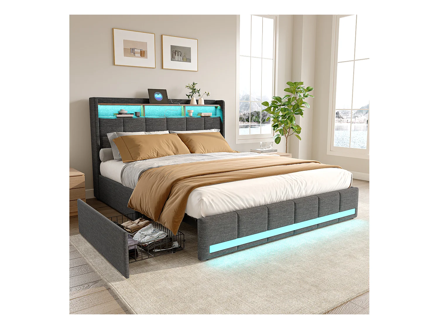 Lit 140x190 cm avec sommier éclairage LED et USB, 4 tiroirs et tête de lit de Rangement, Lin, Gris