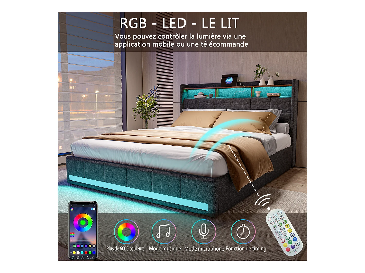 Lit 140x190 cm avec sommier éclairage LED et USB, 4 tiroirs et tête de lit de Rangement, Lin, Gris