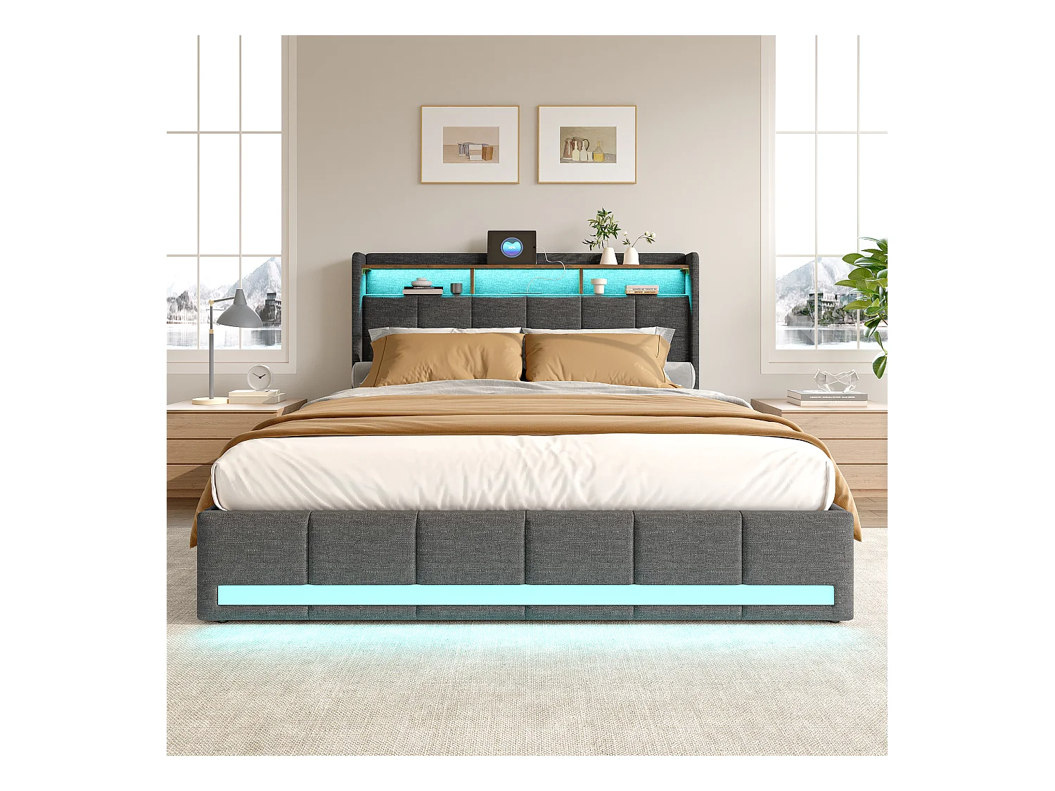 Bett 140x190 cm mit LED-Beleuchtung und USB, 4 Schubladen und Stauraum am Kopfteil, Leinen, Grau