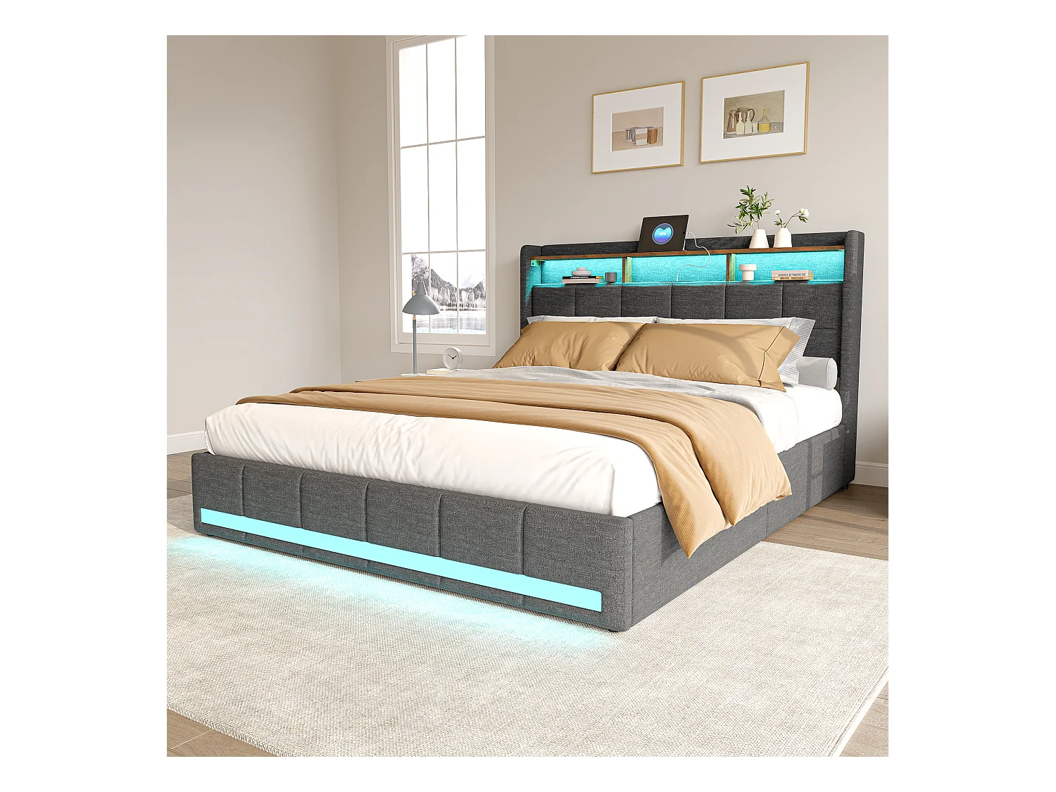 Bett 140x190 cm mit LED-Beleuchtung und USB, 4 Schubladen und Stauraum am Kopfteil, Leinen, Grau