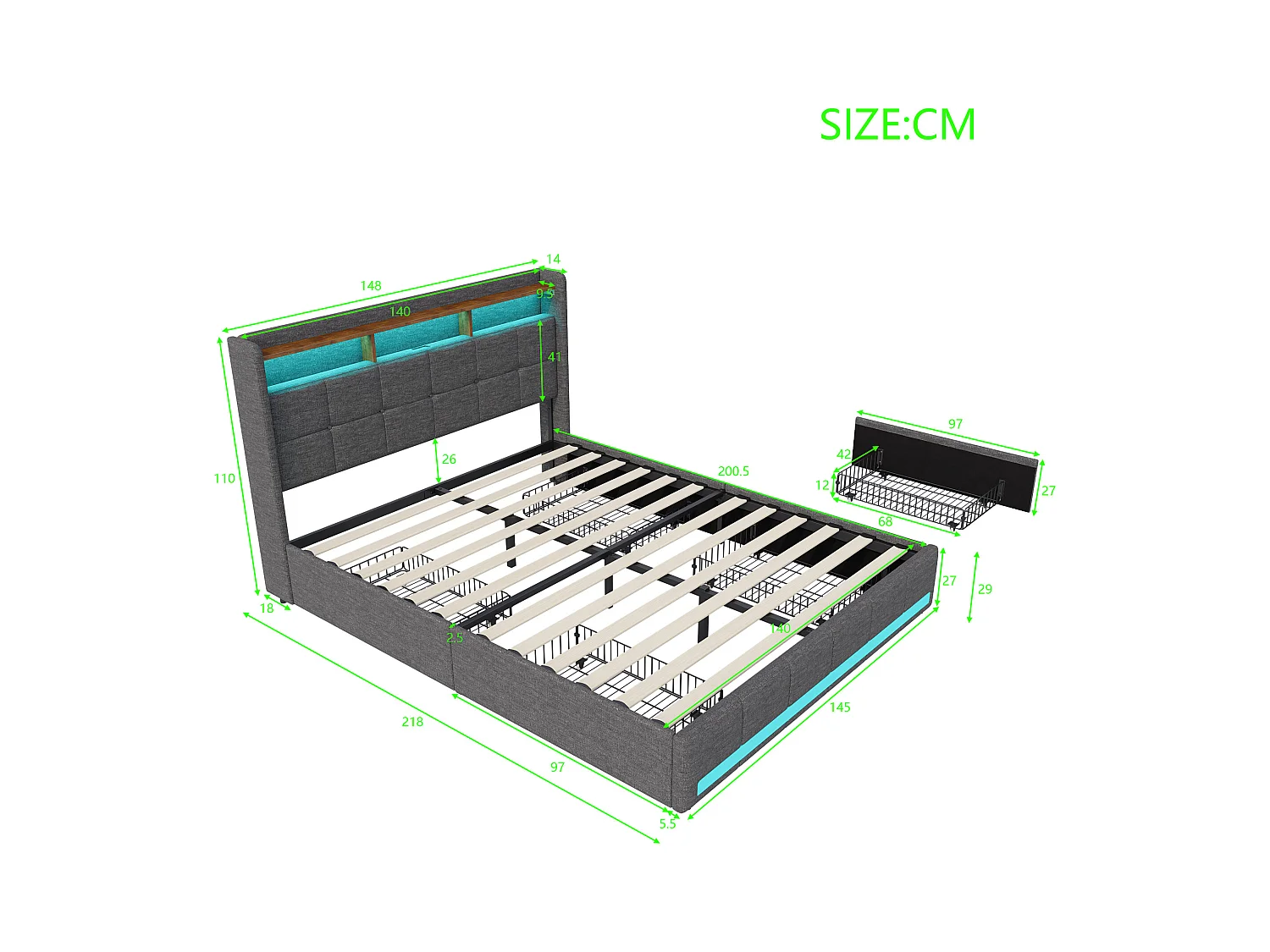 Bett 140x190 cm mit LED-Beleuchtung und USB, 4 Schubladen und Stauraum am Kopfteil, Leinen, Grau