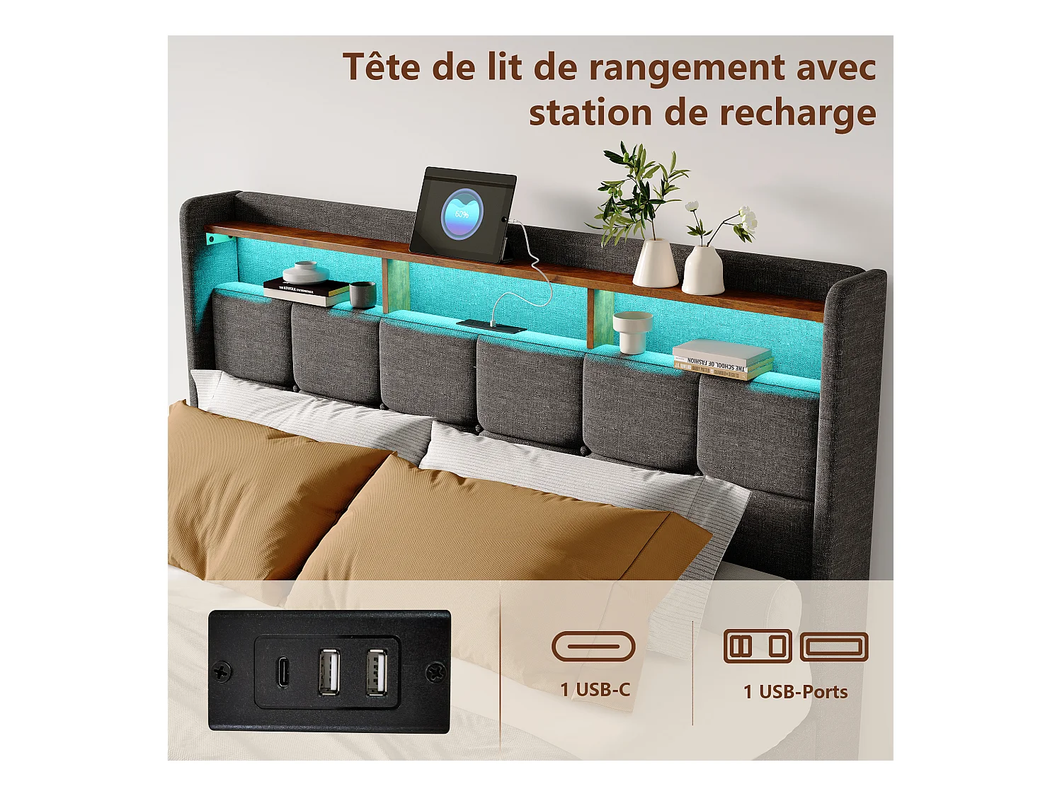 Bett 140x190 cm mit LED-Beleuchtung und USB, 4 Schubladen und Stauraum am Kopfteil, Leinen, Grau