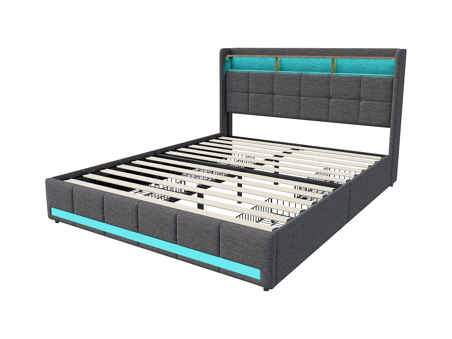 Bett 140x190 cm mit LED-Beleuchtung und USB, 4 Schubladen und Stauraum am Kopfteil, Leinen, Grau