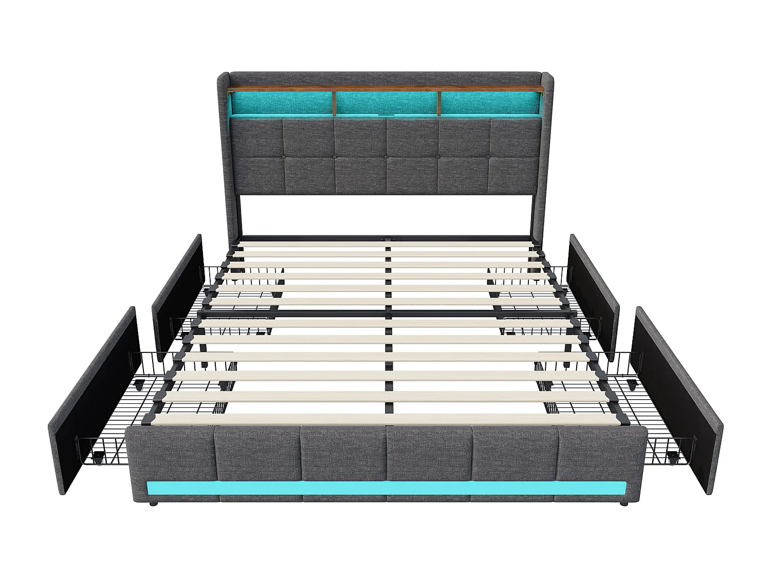 Lit 140x190 cm avec sommier éclairage LED et USB, 4 tiroirs et tête de lit de Rangement, Lin, Gris