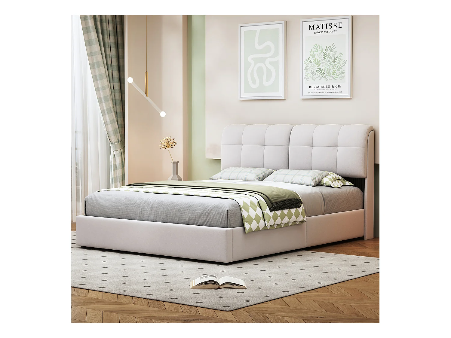 Lit 140x200 avec Sommier LED, lit double avec sommier à lattes et coffre de lit, en velours, Blanc