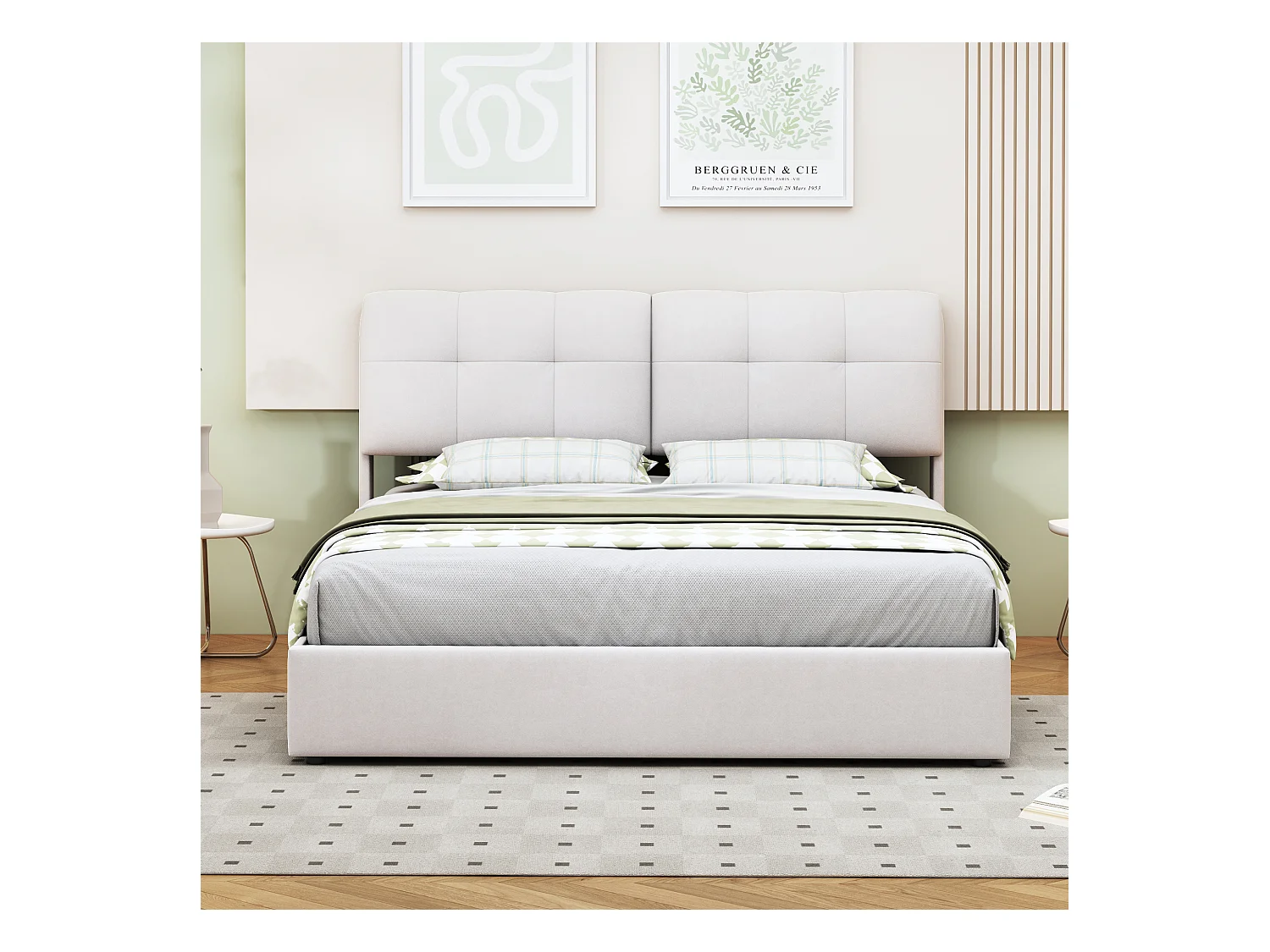 Lit 140x200 avec Sommier LED, lit double avec sommier à lattes et coffre de lit, en velours, Blanc