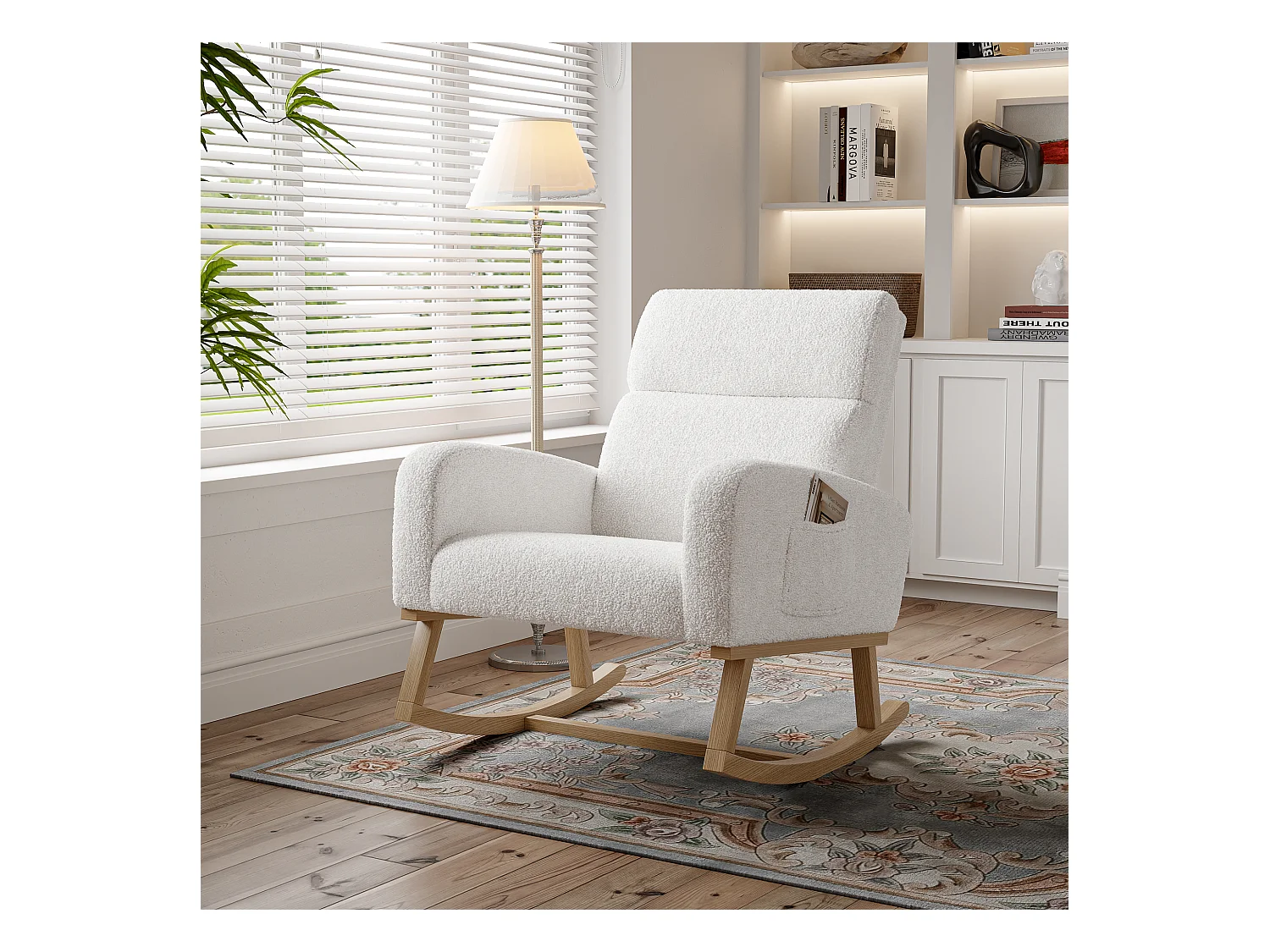 Fauteuil à bascule, fauteuil de relaxation, avec poches et pieds en bois,velours Teddy beige