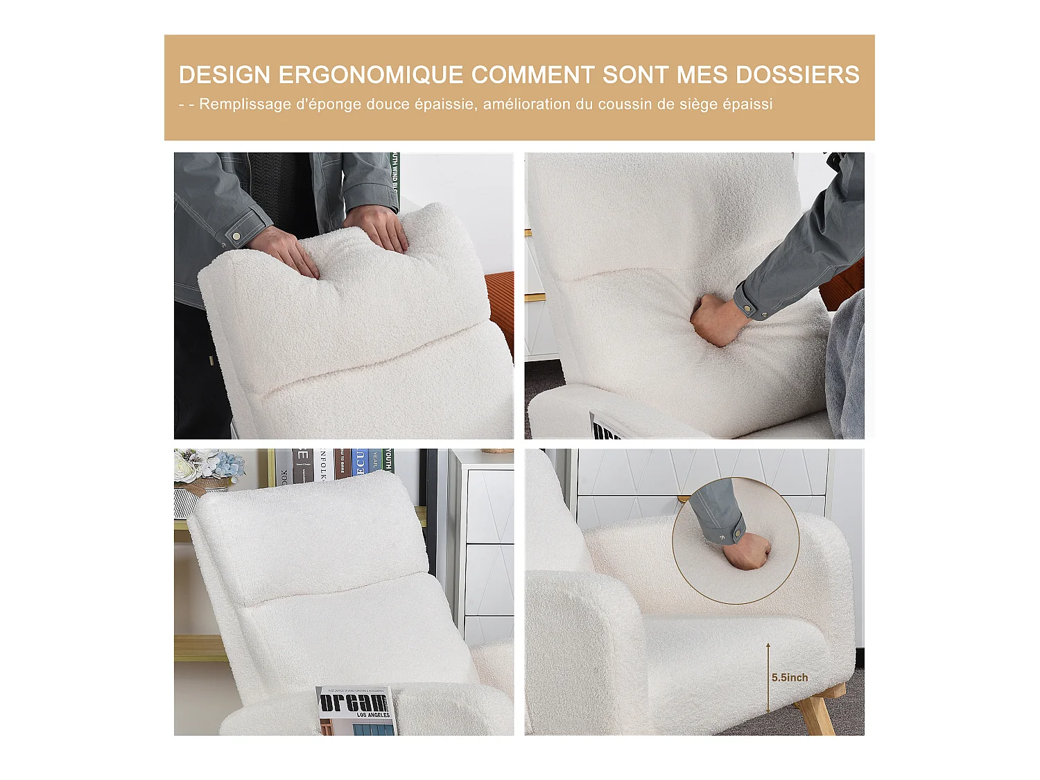 Fauteuil à bascule, fauteuil de relaxation, avec poches et pieds en bois,velours Teddy beige