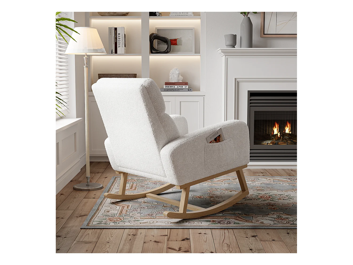 Schaukelstuhl, Relaxsessel, mit Taschen und Holzbeinen, beige Teddysamt