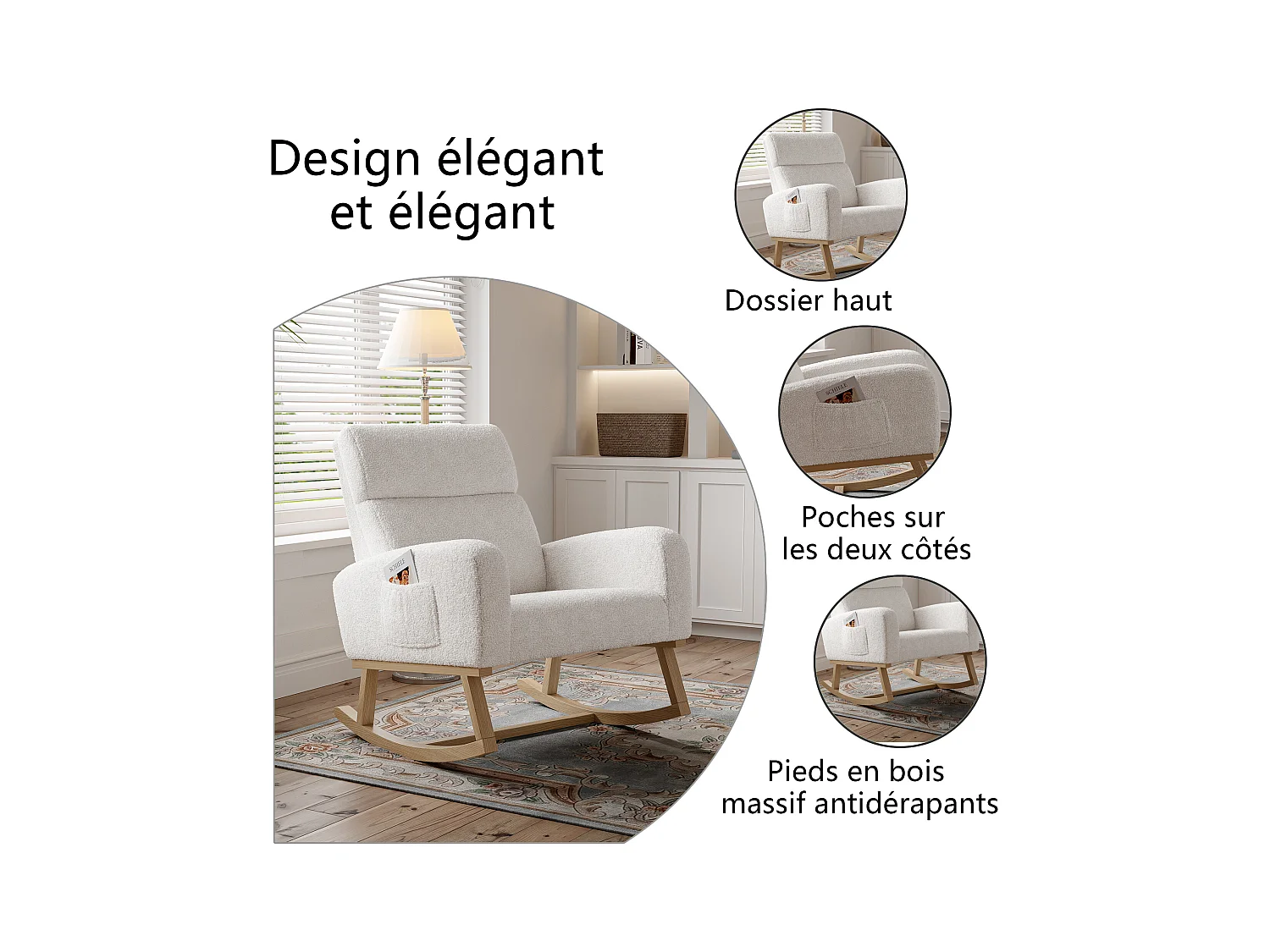 Schaukelstuhl, Relaxsessel, mit Taschen und Holzbeinen, beige Teddysamt
