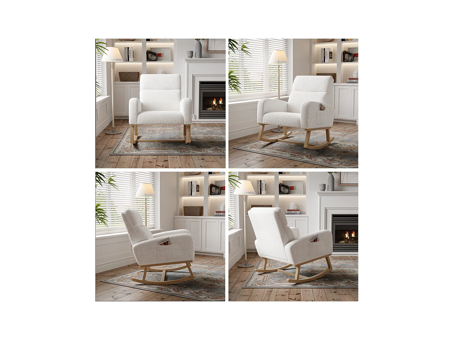 Schaukelstuhl, Relaxsessel, mit Taschen und Holzbeinen, beige Teddysamt