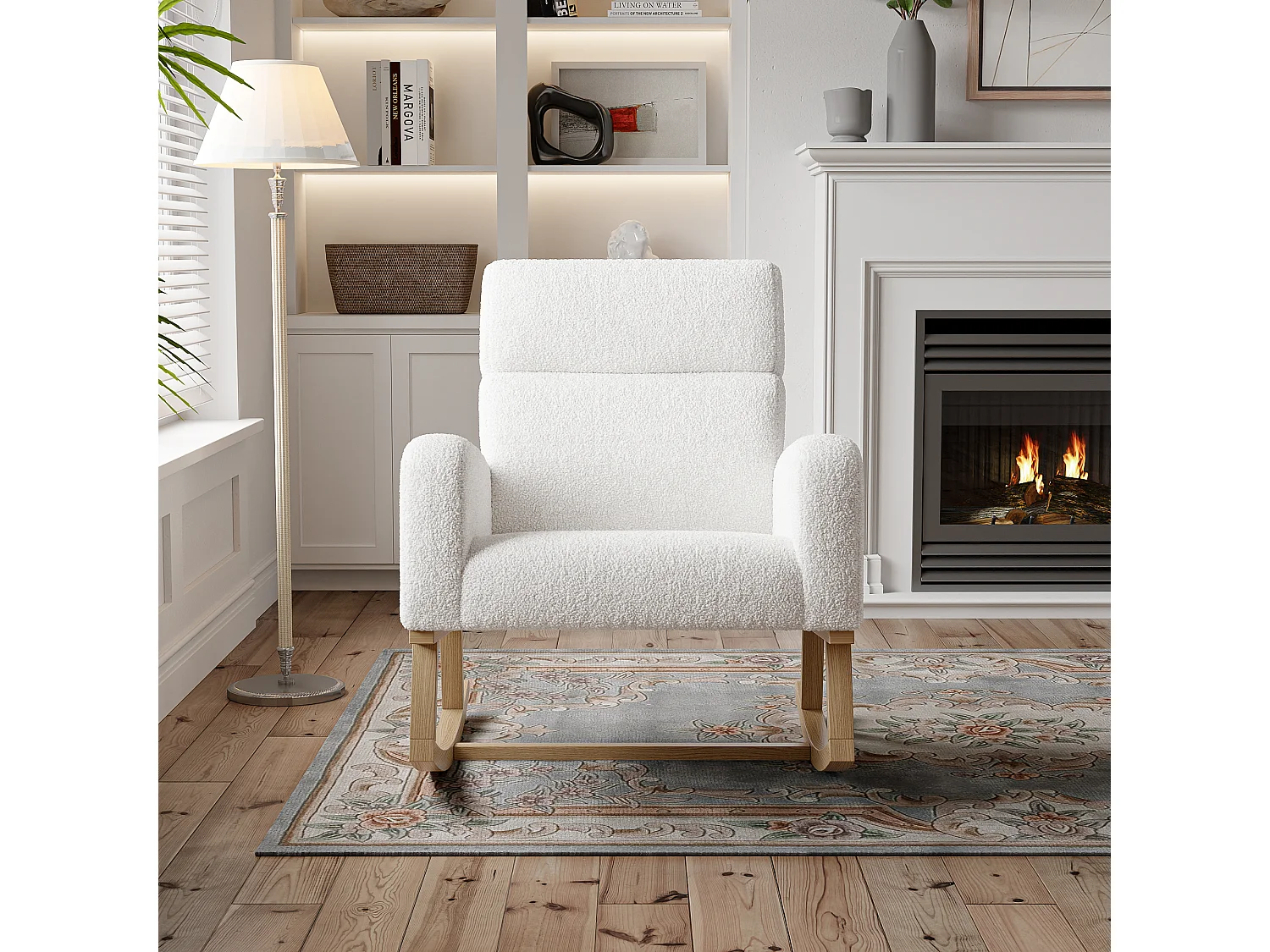 Fauteuil à bascule, fauteuil de relaxation, avec poches et pieds en bois,velours Teddy beige