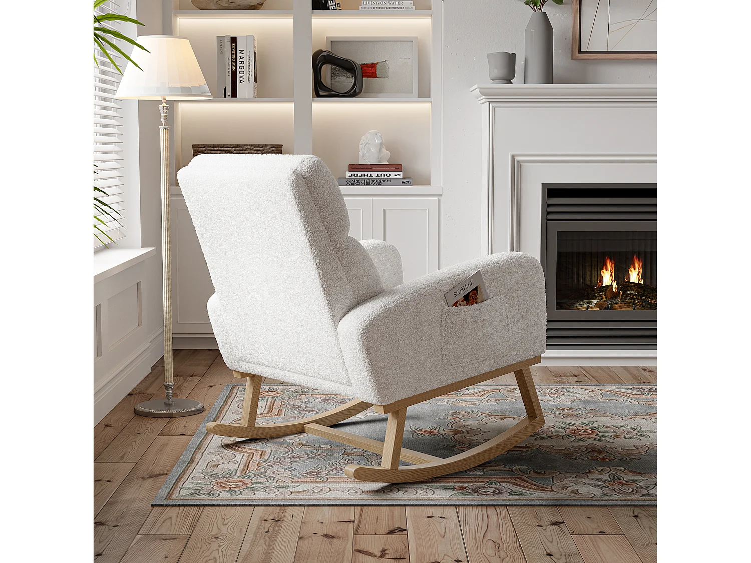 Fauteuil à bascule, fauteuil de relaxation, avec poches et pieds en bois,velours Teddy beige