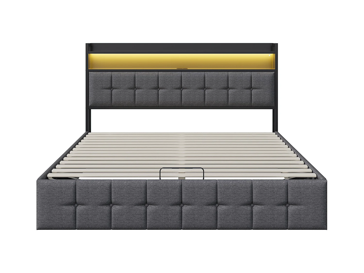 Cama con almacenaje tapizada de 140x200 cm en tejido de lino - con LED y puerto de carga - Gris