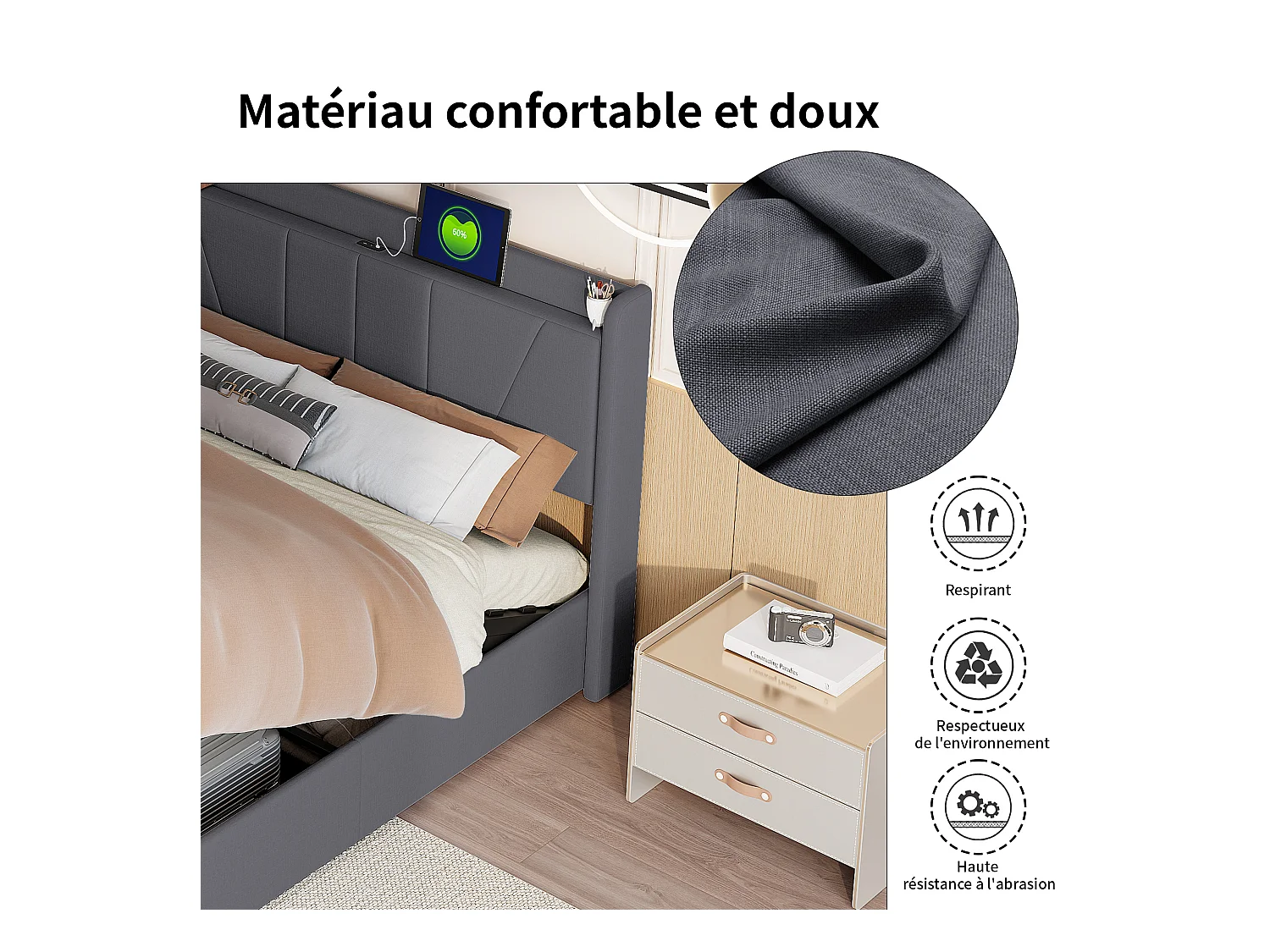 Lit Coffre 140x200 avec USB et Type C, Lit capitonné avec Sommier à Lattes, Lit Double, Gris