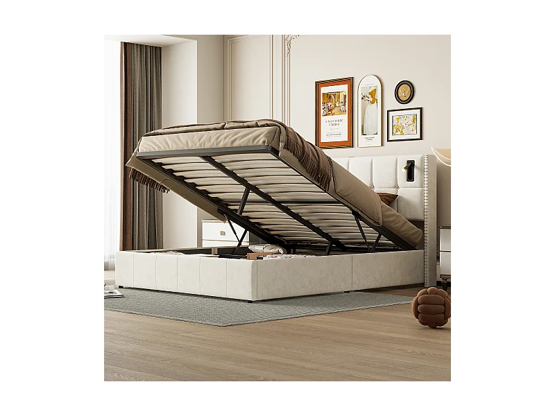 Polsterbett 160x200cm mit Lattenrost & Leseleuchten, Stauraumbett Doppelbett, Samt, Beige
