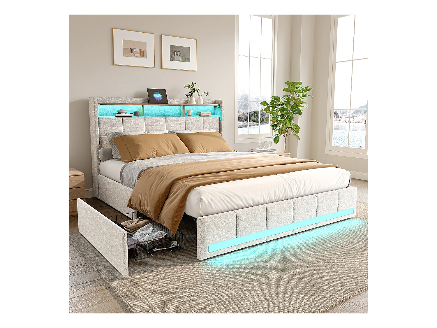 Lit 140x190 cm avec sommier éclairage LED et USB, 4 tiroirs et tête de lit de Rangement, Lin, Beige