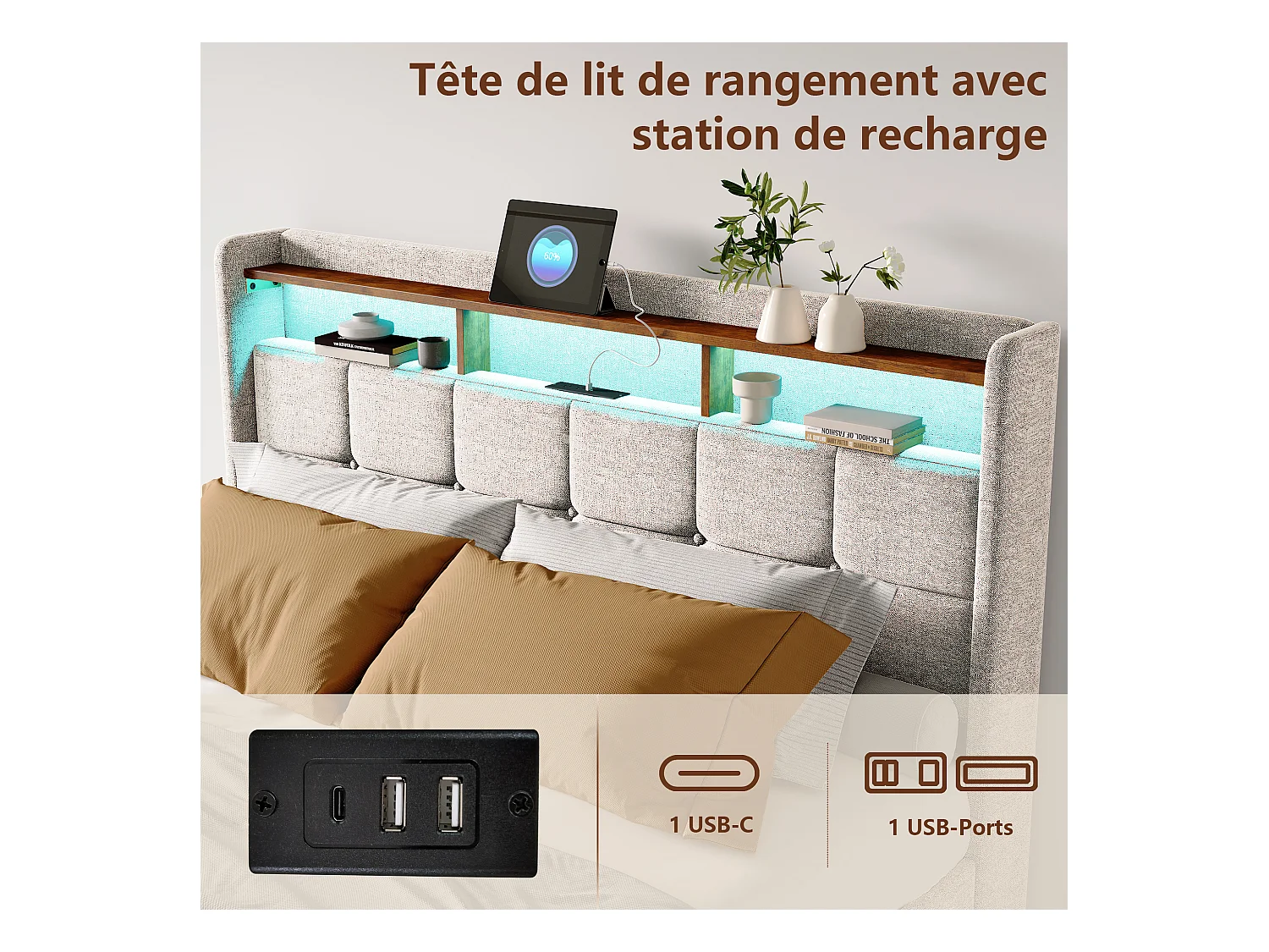 Lit 140x190 cm avec sommier éclairage LED et USB, 4 tiroirs et tête de lit de Rangement, Lin, Beige