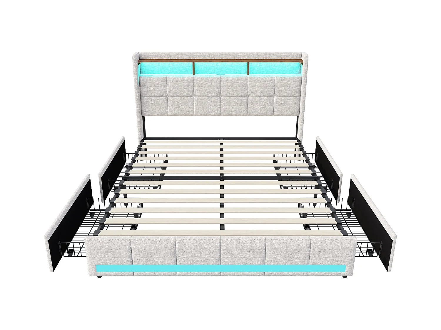 Lit 140x190 cm avec sommier éclairage LED et USB, 4 tiroirs et tête de lit de Rangement, Lin, Beige