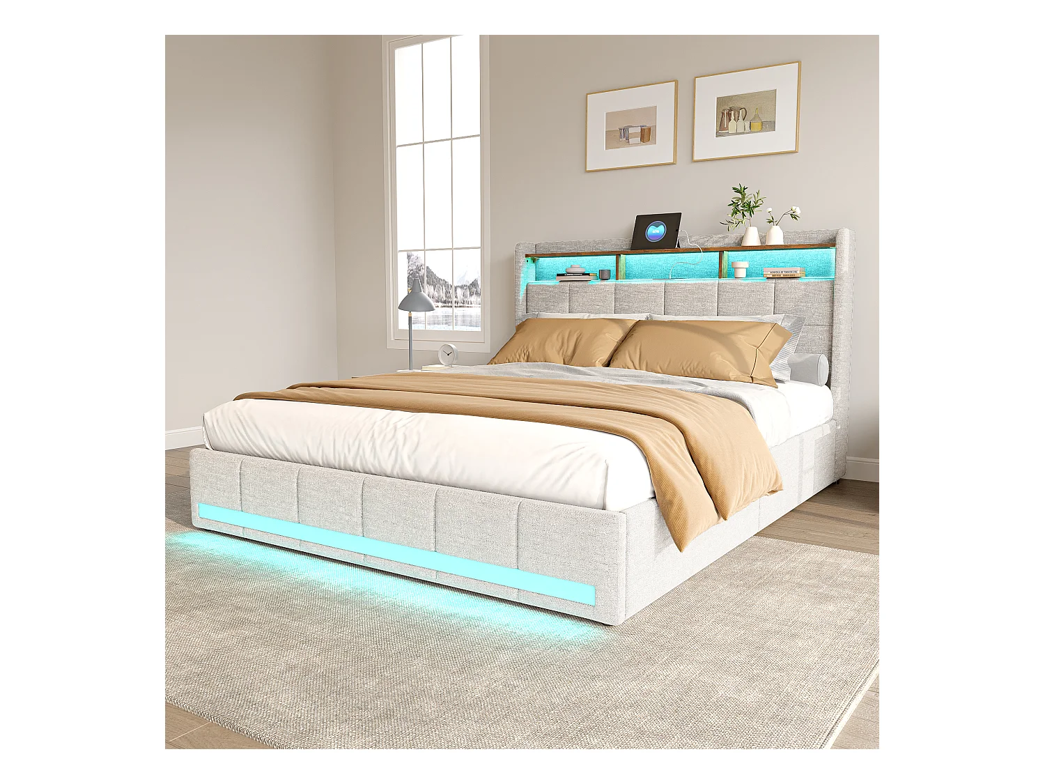 Bett 140x190 cm mit LED-Beleuchtung und USB, 4 Schubladen und Stauraum am Kopfteil, Leinen, Beige