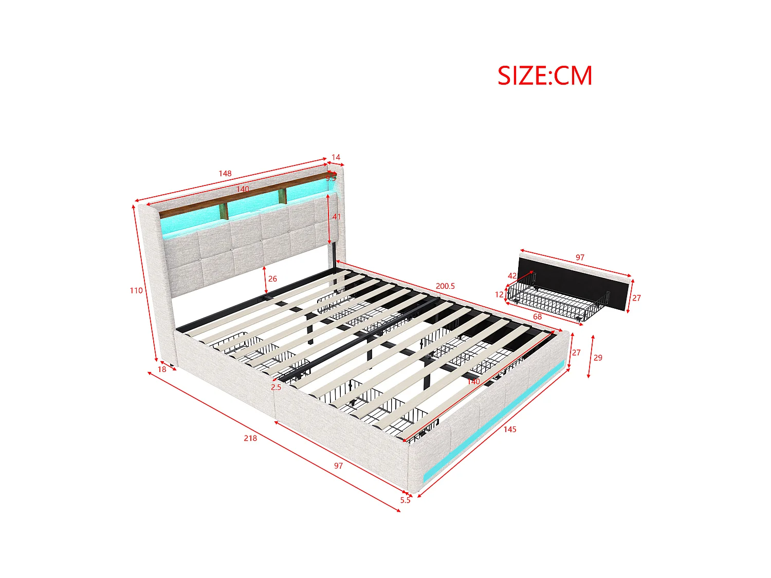 Bett 140x190 cm mit LED-Beleuchtung und USB, 4 Schubladen und Stauraum am Kopfteil, Leinen, Beige