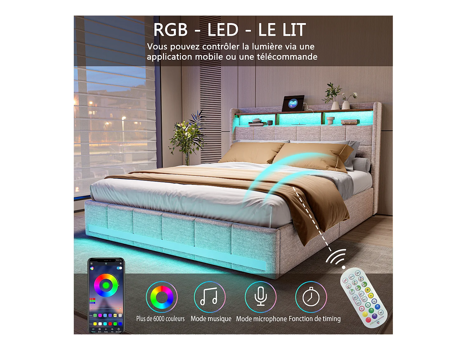 Bett 140x190 cm mit LED-Beleuchtung und USB, 4 Schubladen und Stauraum am Kopfteil, Leinen, Beige