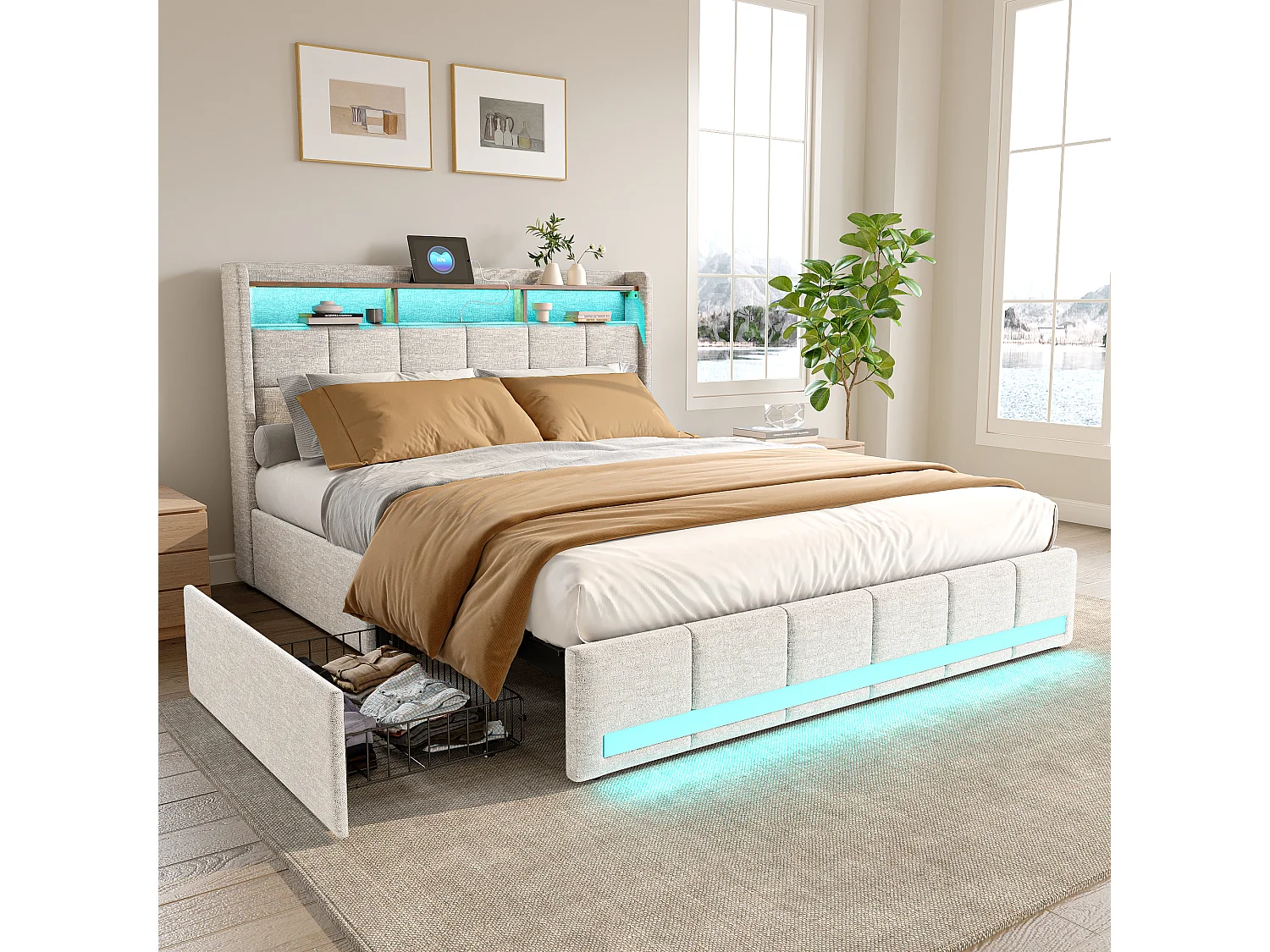 Lit 140x190 cm avec sommier éclairage LED et USB, 4 tiroirs et tête de lit de Rangement, Lin, Beige