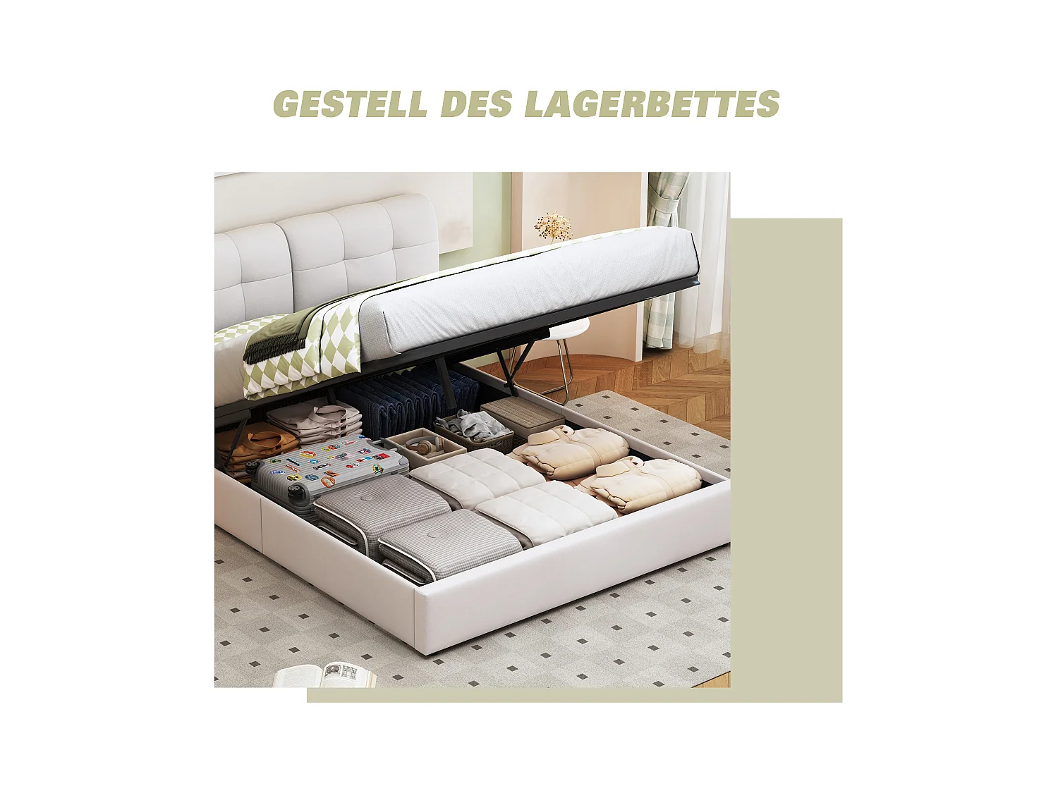 Lit 160x200 avec Sommier LED, lit double avec sommier à lattes et coffre de lit, en velours, Blanc