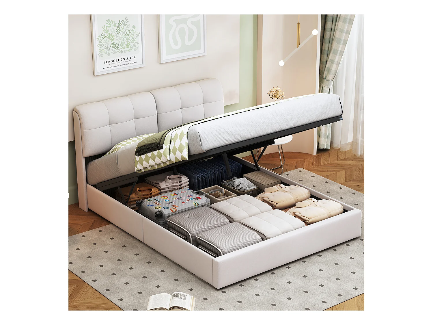 Lit 160x200 avec Sommier LED, lit double avec sommier à lattes et coffre de lit, en velours, Blanc