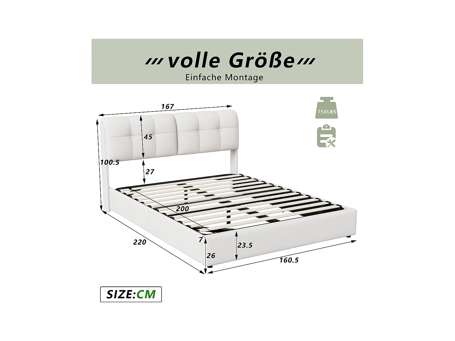 Lit 160x200 avec Sommier LED, lit double avec sommier à lattes et coffre de lit, en velours, Blanc