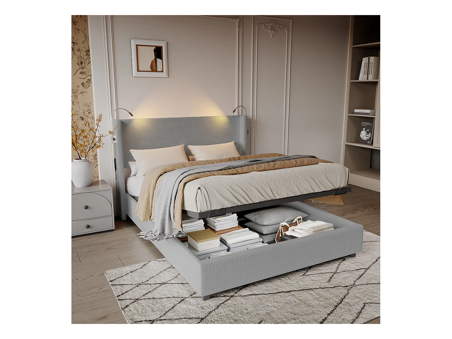 Lit Rembourré 140x200cm avec sommier à lattes & liseuses, lit coffre lit double, gris