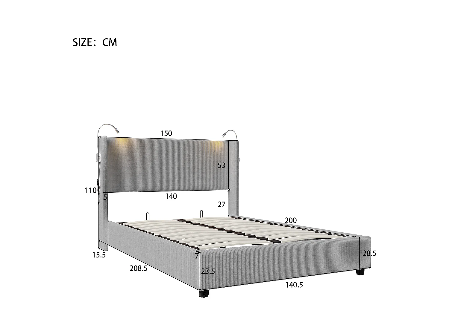 Lit Rembourré 140x200cm avec sommier à lattes & liseuses, lit coffre lit double, gris